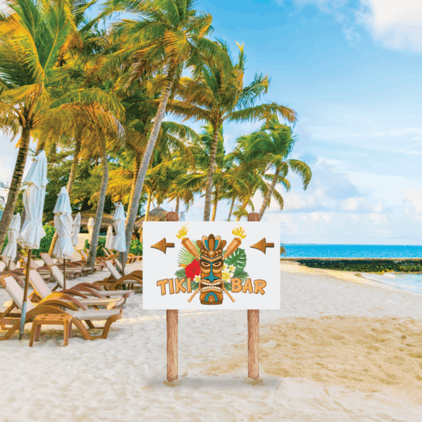A photo of a tropical beach along the ocean. There's sand, palm trees, blue sky and wooden reclining beach chairs. There is a white sign on wood pols. The sing reads "Tiki Bar" with a picture of a tiki on it. The sign was printed on GF 201HTAPAE.