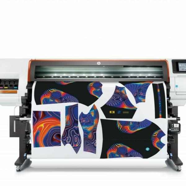 HP Stitch S300 Dye Sublimation Printer with demonstrative print of thermal Damascus texture