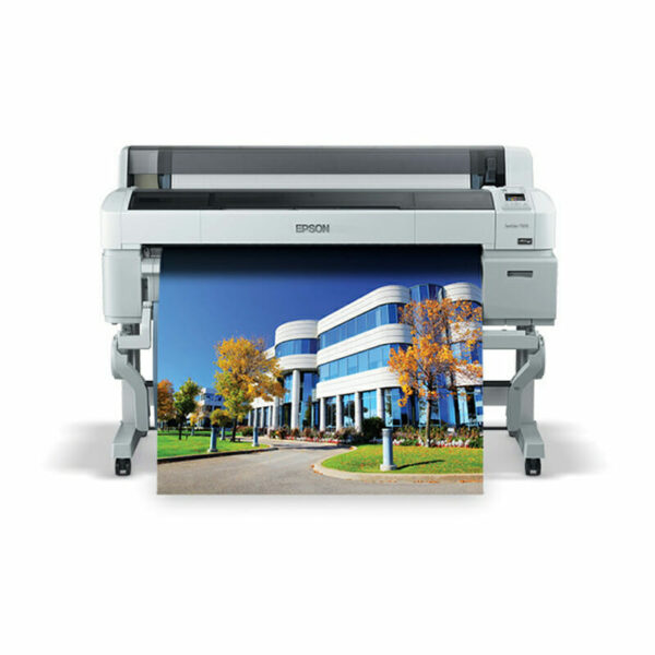 Front Facing T7270 Single Roll Printer with demo print of building