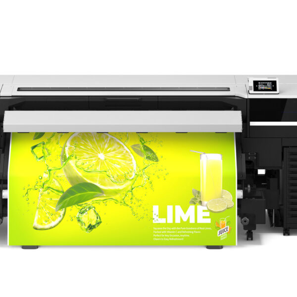 Photo of the front view of the Epson SureColor S9170 printing a large green and yellow image containing a lime and a glass of juice with the text, "LIME," in white and all-caps.