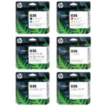 A photo of 6 HP 836 Printheads in different colors.