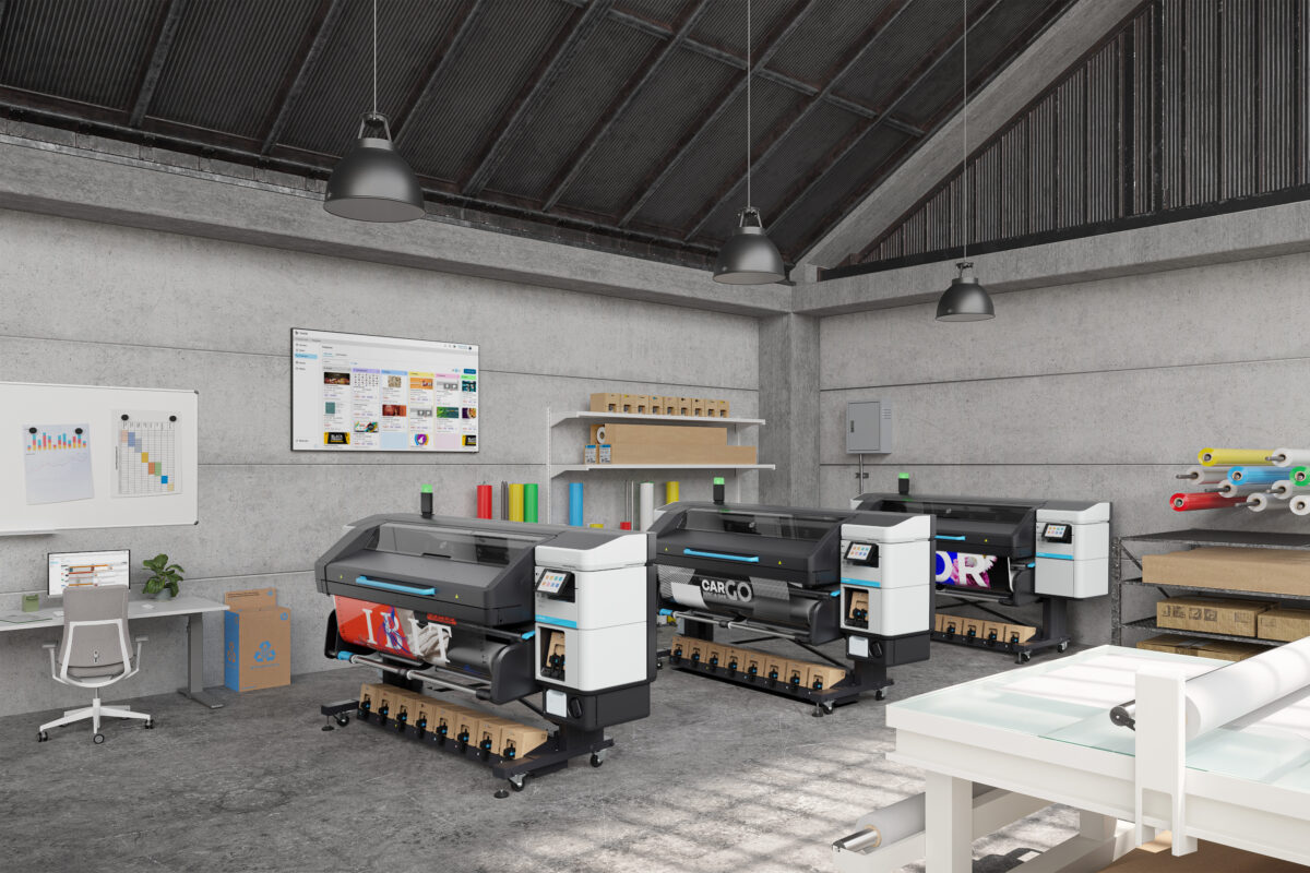 An image of HP Latex 730 and 830 printers in a print shop, showcasing their size in contrast to their surroundings.