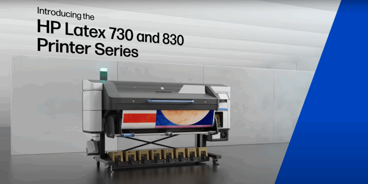 A screenshot from a video about the HP Latex 730 and 830 series printers. A large printer stands on a dark grey floor against a silver wall with a blue diagonal shape on the right side of the image.