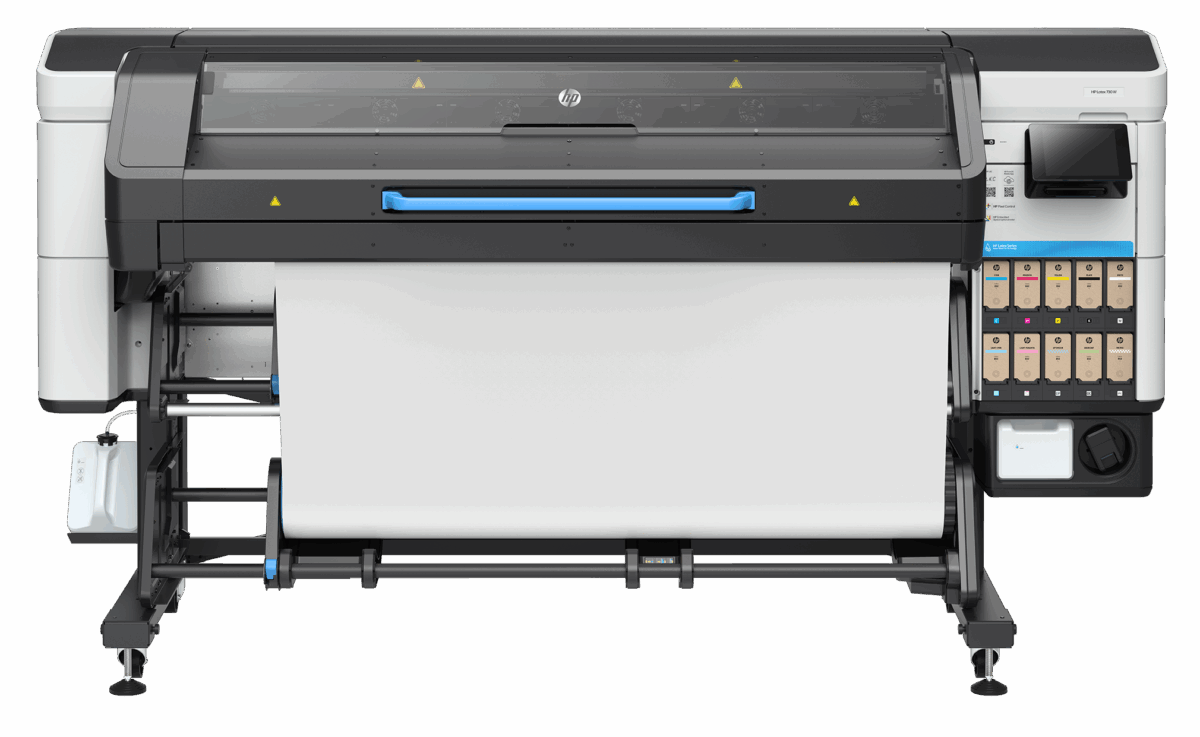 A photo of the HP Latex 730 W printer from the front with a roll of blank paper loaded onto it.