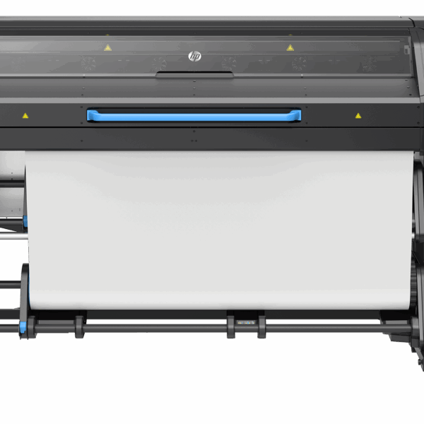 A photo of the HP Latex 730 W printer from the front with a roll of blank paper loaded onto it.