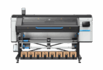 A photo of the HP Latex 830 from the front showcasing the ink loaded on the bottom, no paper loaded.
