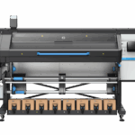 A photo of the HP Latex 830 from the front showcasing the ink loaded on the bottom, no paper loaded.