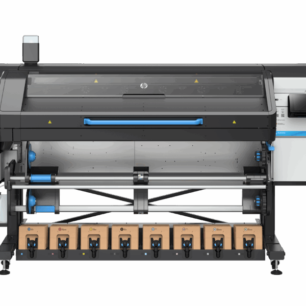 A photo of the HP Latex 830 from the front showcasing the ink loaded on the bottom, no paper loaded.