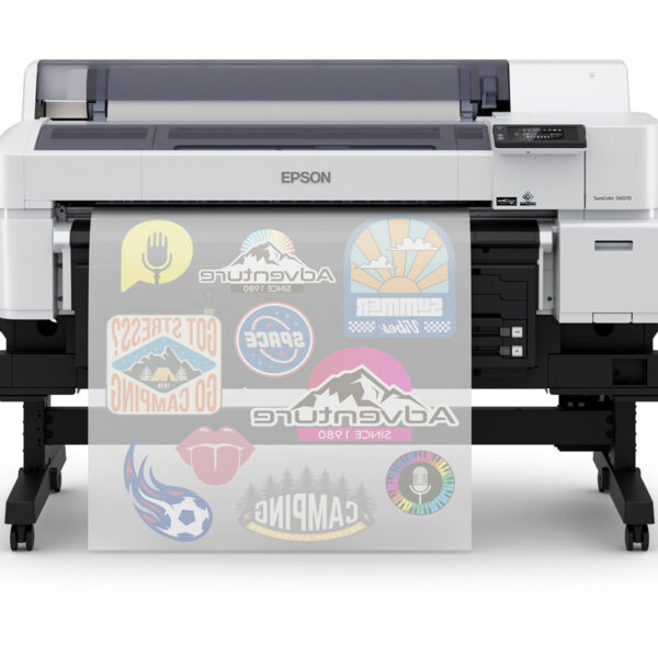 Epson SureColor G6070 35 DTFilm Printer with a roll of clear film coming out. Various sports logos are printed on the film.