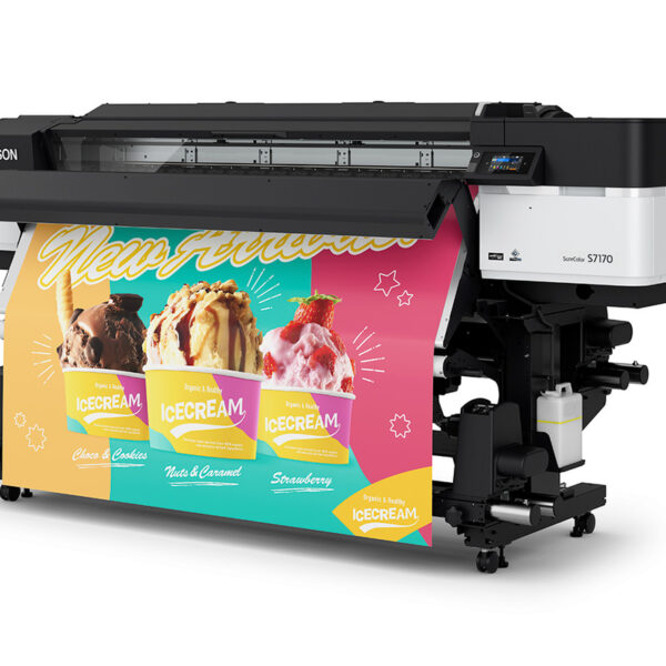 A photo of an Epson SureColor S7170 printer at an angle with a large printout in the colors yellow, green, and pink, with ice cream.