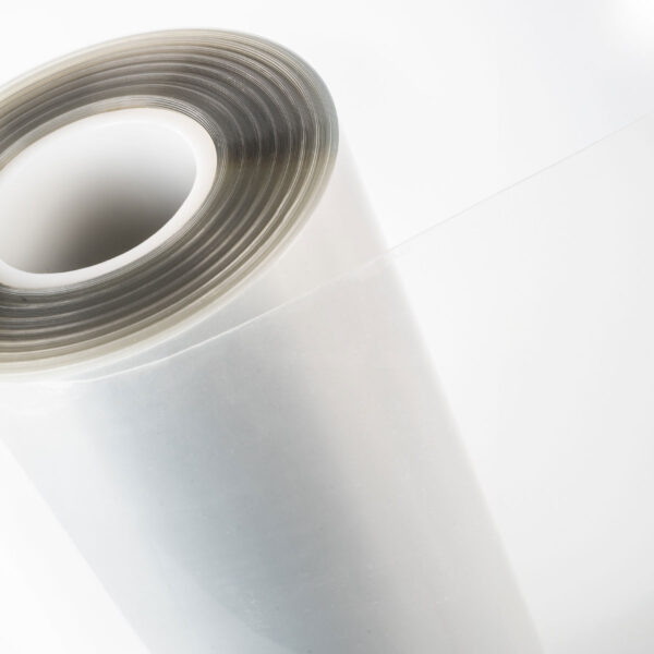A photo of a roll of General Formulations 3.0 gloss clear PVC laminate permanent adhesive with 53lb liner
