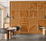A phot of a wall inside a restaurant with Arlon Omni Cast wrap applied that has a brownish orange color with various white designs printed on it.