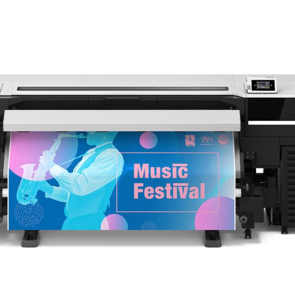 A photo of front view of the Epson SureColor S8170 64″ Printer with a blue and pink print coming out with the words "music festival."