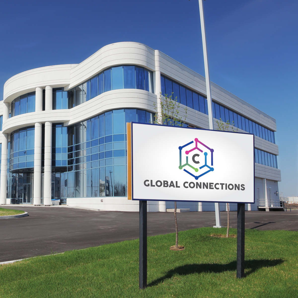 201_Image_square A white sign mounted on black metal poses with a colorful logo that reads, " Global Connections," and a molecule above. There is a building in the background and blue sky. The sign is printed on GF 201.