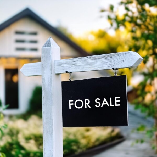 A photo of a "For Sale" sign in front of a house. The sign has the standard white post with arm and a sign hanging below. The sign is black with white text and was printed on GF 364.