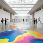 A photo of an art museum with white walls and a glass ceiling. There are various scuptures around the room being admired by people. The photo has a trail of rainbow colors in a splatter pattern printed on KernowJet FloorSharK - Anti-Slip Floor Graphic (PET)