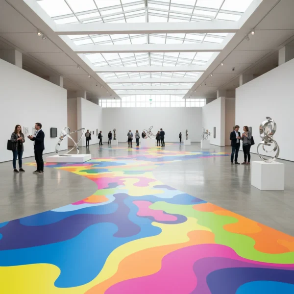 A photo of an art museum with white walls and a glass ceiling. There are various scuptures around the room being admired by people. The photo has a trail of rainbow colors in a splatter pattern printed on KernowJet FloorSharK - Anti-Slip Floor Graphic (PET)